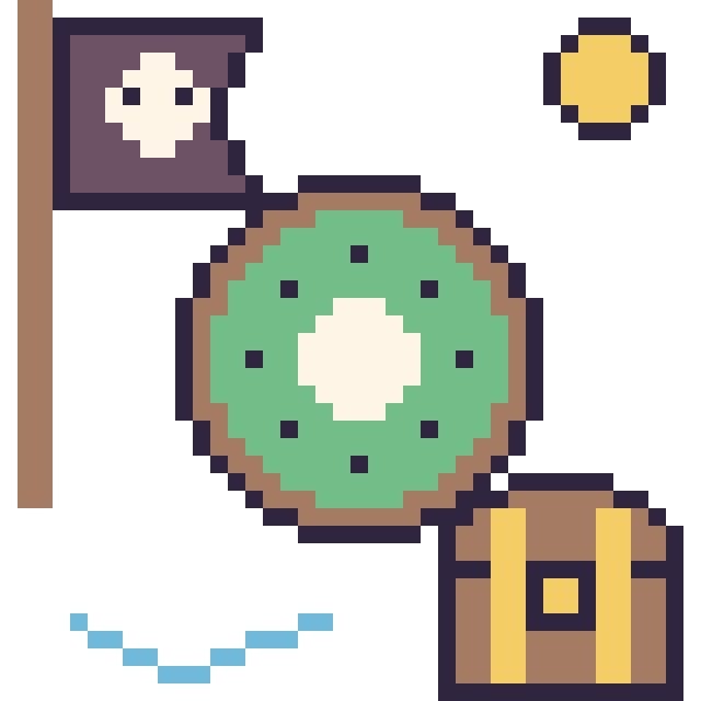 Modèle de pixel art Kiwi en aventure pirate sur une grille de 40 par 40 cases