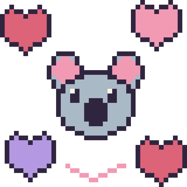 Modèle de pixel art Koala avec des cœurs sur une grille de 40 par 40 cases