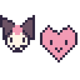 Pixel art Kuromi mini et Cœur kawaii 16 × 16, grille 32 × 32