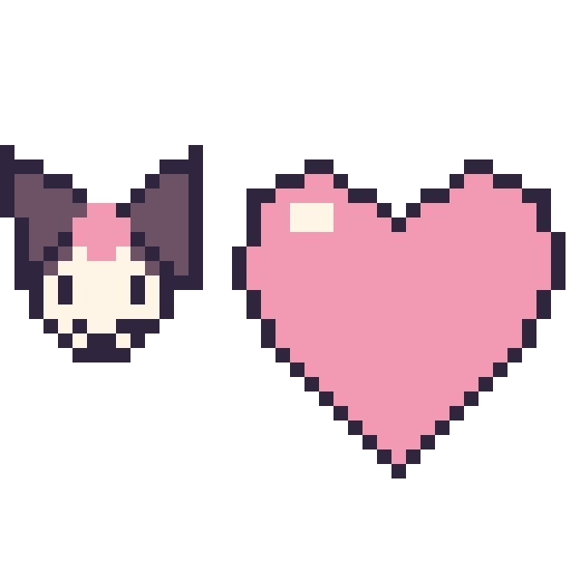 Modèle de pixel art Kuromi mini et Cœur sur une grille de 40 par 40 cases