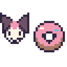 Pixel art Kuromi mini et Donut kawaii 16 × 16, grille 32 × 32
