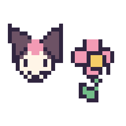 Pixel art Kuromi mini et Fleur kawaii 16 × 16, grille 32 × 32