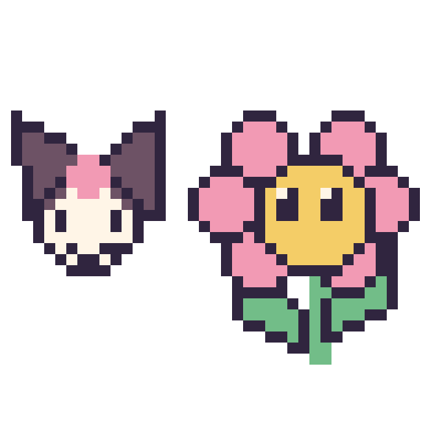 Modèle de pixel art Kuromi mini et Fleur kawaii sur une grille de 40 par 40 cases