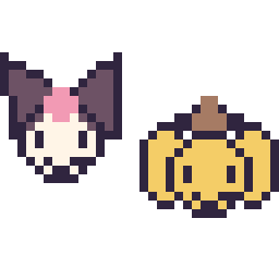 Pixel art Kuromi mini et Pompompurin mini, grille 32 × 32