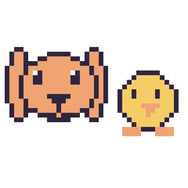 Modèle de pixel art Lapin bélier et Poussin simple 16 × 16 sur une grille de 40 par 40 cases