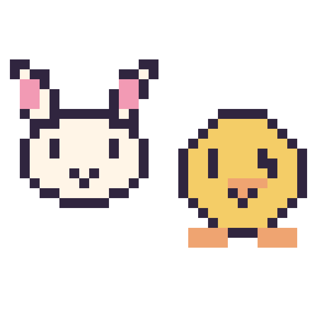 Modèle de pixel art Lapin en portrait et Poussin kawaii 16 × 16 sur une grille de 32 par 32 cases
