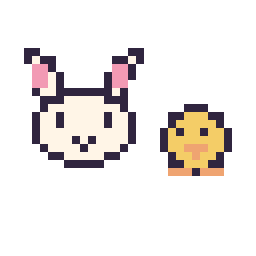 Pixel art Lapin en portrait et Poussin simple 10 × 10, grille 32 × 32