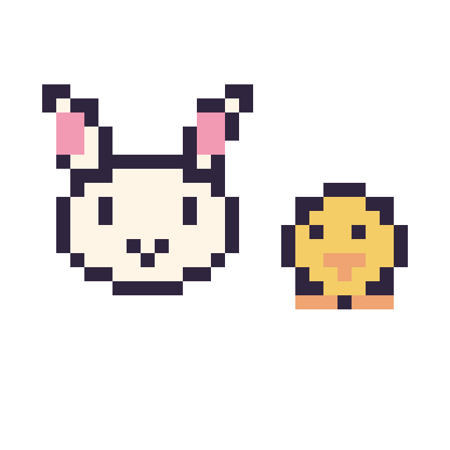 Modèle de pixel art Lapin en portrait et Poussin simple 10 × 10 sur une grille de 32 par 32 cases