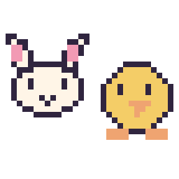 Pixel art Lapin en portrait et Poussin simple 16 × 16, grille 32 × 32