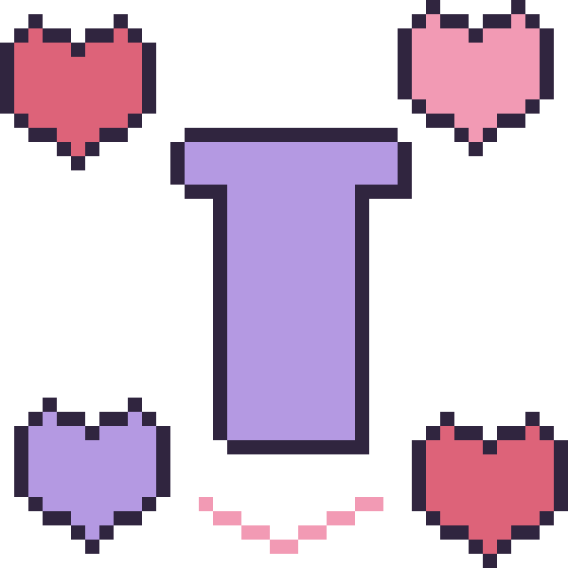 Modèle de pixel art Lettre T avec des cœurs sur une grille de 40 par 40 cases