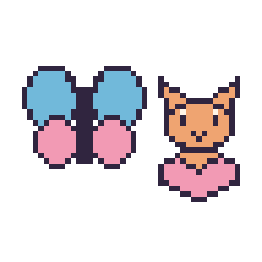Pixel art Libellule et Chat avec un cœur, grille 48 × 48