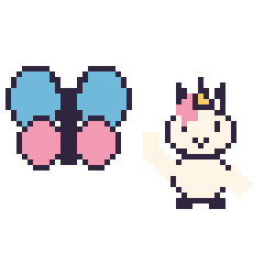 Pixel art Libellule et Licorne qui fait coucou, grille 48 × 48