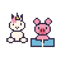 Pixel art Licorne assis et Cochon avec un livre, grille 48 × 48