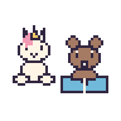 Pixel art Licorne assis et Loutre avec un livre, grille 48 × 48
