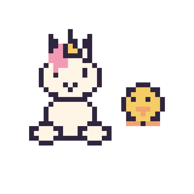 Modèle de pixel art Licorne assis et Poussin simple 10 × 10 sur une grille de 40 par 40 cases