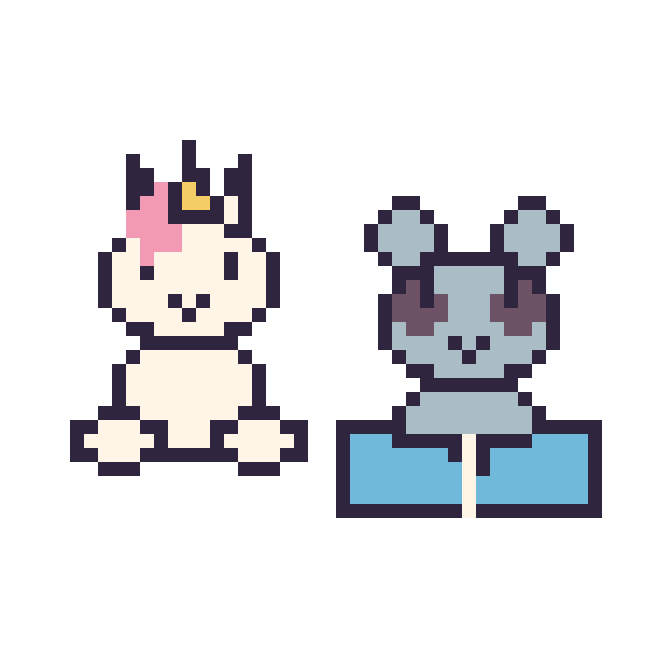 Modèle de pixel art Licorne assis et Raton laveur avec un livre sur une grille de 48 par 48 cases