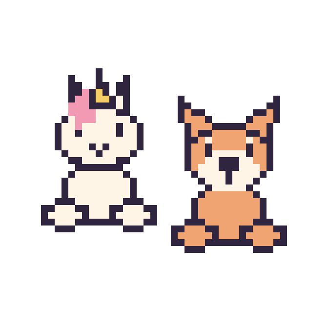 Modèle de pixel art Licorne assis et Renard assis sur une grille de 48 par 48 cases