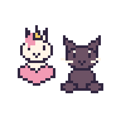 Pixel art Licorne avec un cœur et Chat noir assis, grille 48 × 48