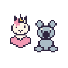 Pixel art Licorne avec un cœur et Koala assis, grille 48 × 48