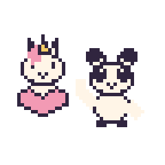 Pixel art Licorne avec un cœur et Panda qui fait coucou, grille 48 × 48