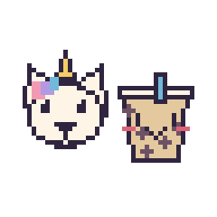 Pixel art Licorne et Boba kawaii, grille 48 × 48
