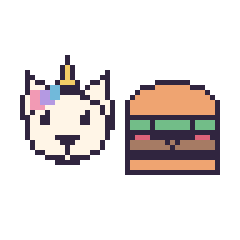 Pixel art Licorne et Burger kawaii, grille 48 × 48