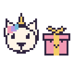 Pixel art Licorne et Cadeau kawaii 16 × 16, grille 40 × 40