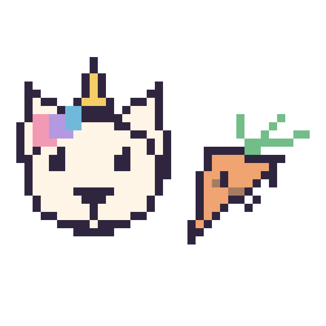 Modèle de pixel art Licorne et Carotte kawaii 16 × 16 sur une grille de 40 par 40 cases