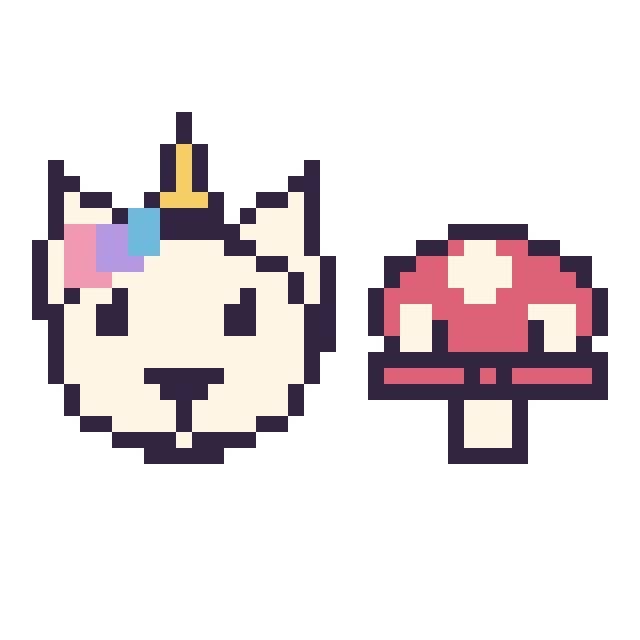 Modèle de pixel art Licorne et Champignon kawaii 16 × 16 sur une grille de 40 par 40 cases