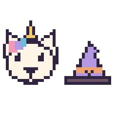 Pixel art Licorne et Chapeau de sorcière kawaii 16 × 16, grille 40 × 40