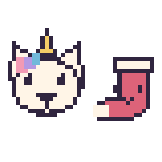Modèle de pixel art Licorne et Chaussette de Noël kawaii 16 × 16 sur une grille de 40 par 40 cases