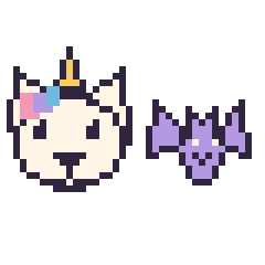 Pixel art Licorne et Chauve-souris kawaii 16 × 16, grille 40 × 40