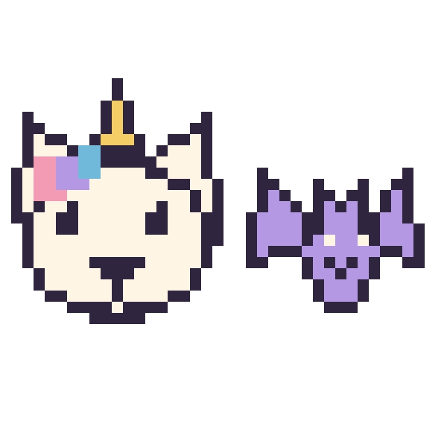 Modèle de pixel art Licorne et Chauve-souris kawaii 16 × 16 sur une grille de 40 par 40 cases