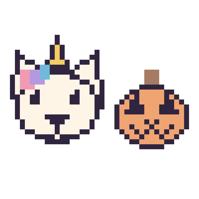 Modèle de pixel art Licorne et Citrouille d'Halloween kawaii 16 × 16 sur une grille de 40 par 40 cases