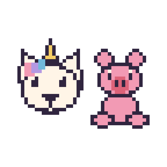 Modèle de pixel art Licorne et Cochon assis sur une grille de 48 par 48 cases
