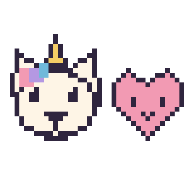 Modèle de pixel art Licorne et Cœur kawaii 16 × 16 sur une grille de 40 par 40 cases