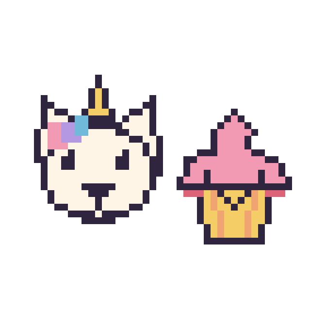 Modèle de pixel art Licorne et Cupcake kawaii sur une grille de 48 par 48 cases