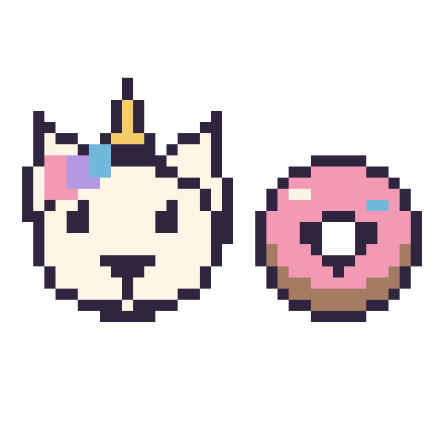 Modèle de pixel art Licorne et Donut kawaii 16 × 16 sur une grille de 40 par 40 cases