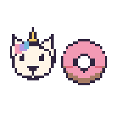 Pixel art Licorne et Donut kawaii, grille 48 × 48