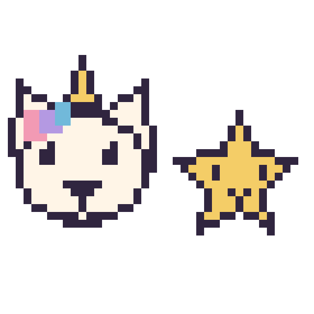 Modèle de pixel art Licorne et Étoile kawaii 16 × 16 sur une grille de 40 par 40 cases