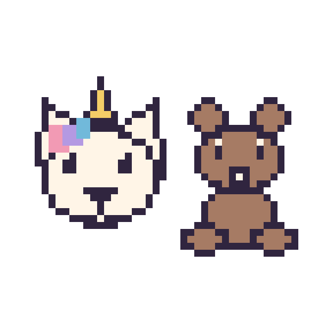 Modèle de pixel art Licorne et Loutre assis sur une grille de 48 par 48 cases