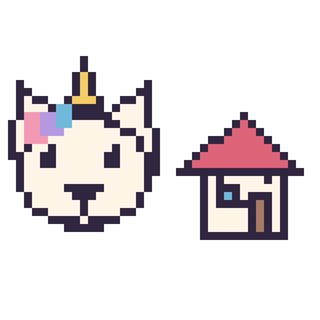 Modèle de pixel art Licorne et Maison kawaii 16 × 16 sur une grille de 40 par 40 cases