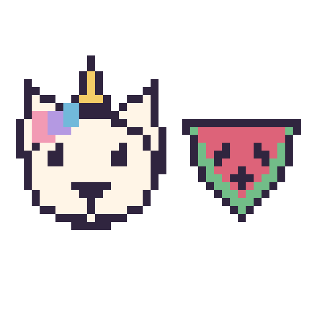 Modèle de pixel art Licorne et Pastèque kawaii 16 × 16 sur une grille de 40 par 40 cases