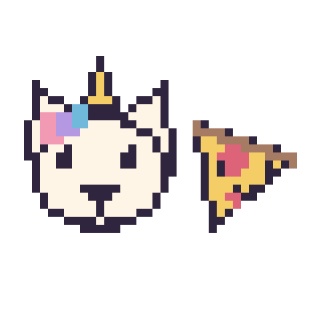 Modèle de pixel art Licorne et Pizza kawaii 16 × 16 sur une grille de 40 par 40 cases