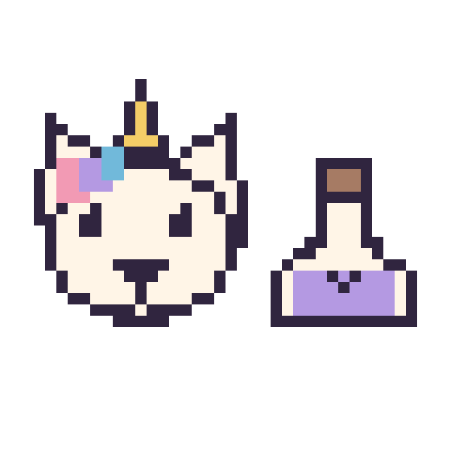 Modèle de pixel art Licorne et Potion kawaii 16 × 16 sur une grille de 40 par 40 cases