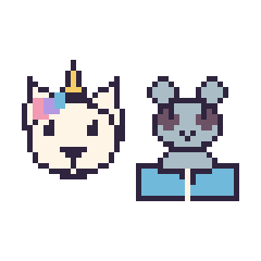 Pixel art Licorne et Raton laveur avec un livre, grille 48 × 48