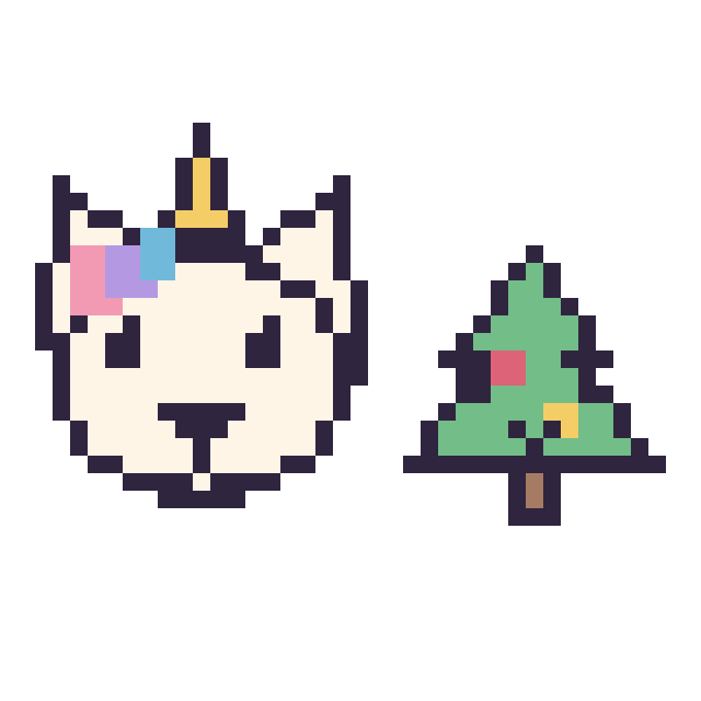 Modèle de pixel art Licorne et Sapin de Noël kawaii 16 × 16 sur une grille de 40 par 40 cases