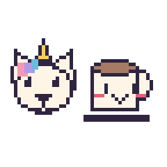 Pixel art Licorne et Tasse de thé kawaii, grille 48 × 48