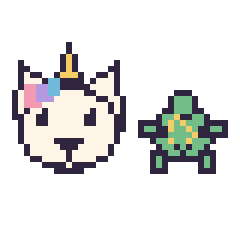 Pixel art Licorne et Tortue kawaii 16 × 16, grille 40 × 40