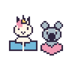 Pixel art Licorne avec un livre et Koala avec un cœur, grille 48 × 48